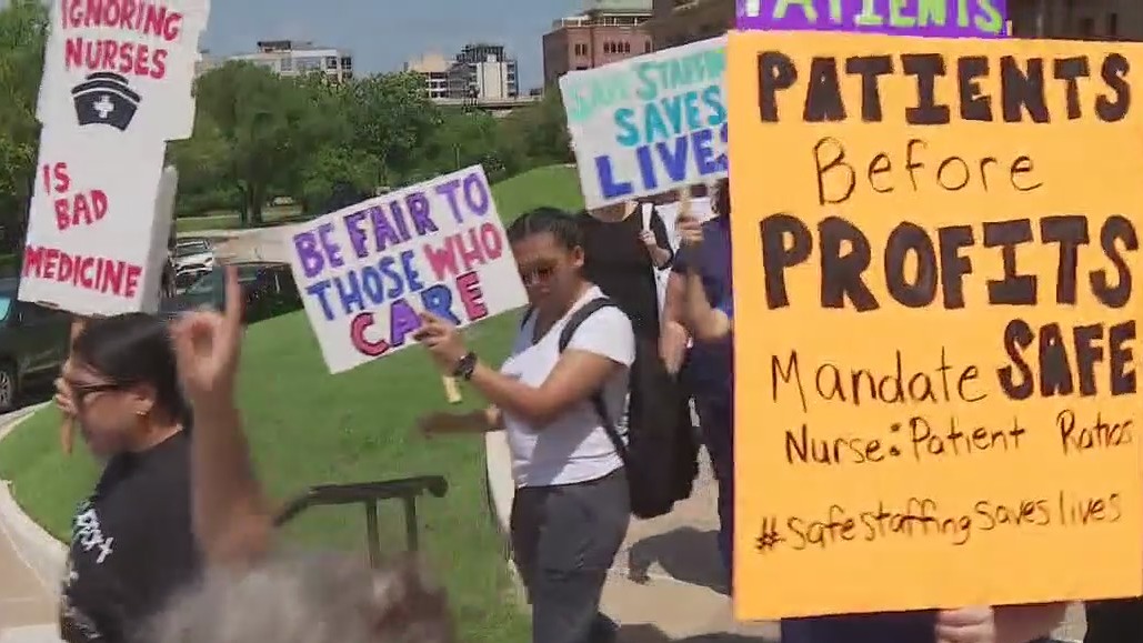 Healthcare workers take part in Central Texas Million Nurse March to demand improved conditions, higher pay